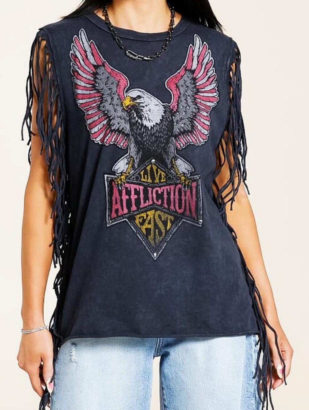 NWT Affliction American Customs Twin Turbo Fringe Tank Top Size Large
